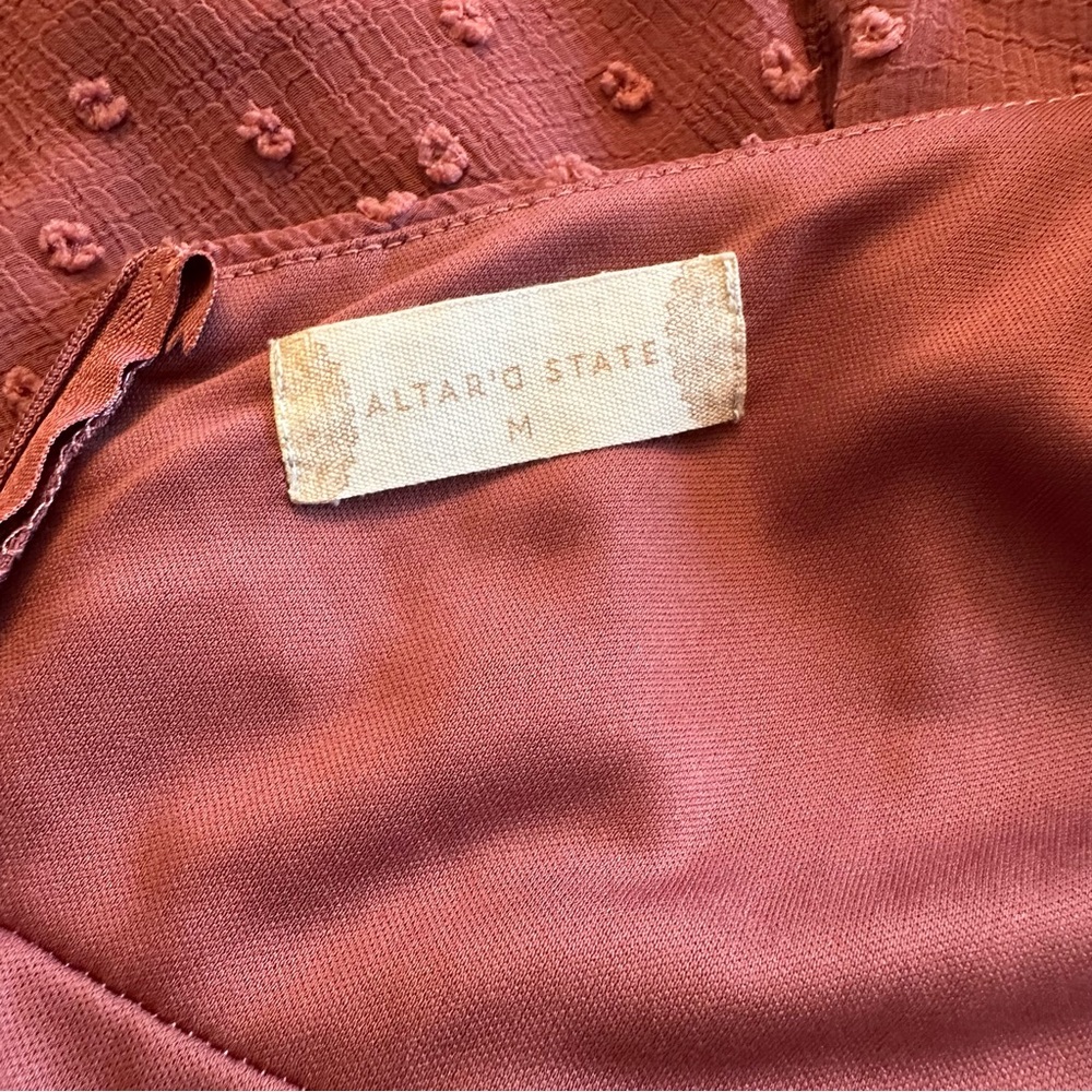 ALTAR’D STATE Swiss Dot Flutter Sleeve Mini Dress Dark Rose Color Size Medium - Picture 10 of 11